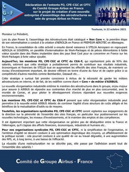 AIRBUS ATLANTIC: Déclaration commune CFE-CGC, FO CFTC au Comité de Groupe en France
